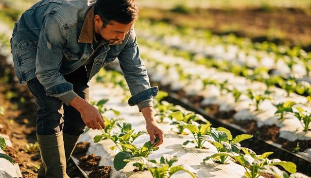 Farmer inspecting young vegetable plants on mulched row, wearing denim jacket and boots