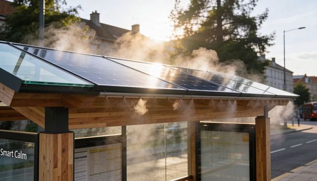 Solar-powered bus shelter with mist cooling, timber canopy and backlit sunset glow