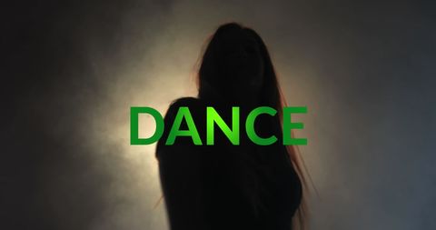 Silhouette of woman dancing with vibrant text overlay