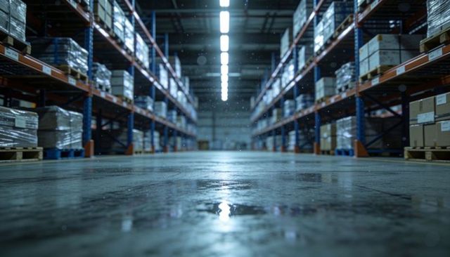 Industrial warehouse aisle reflecting led lights on wet concrete floor with pallet racks