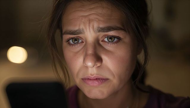 Worried woman reading smartphone at night, intimate closeup, warm bokeh screen glow