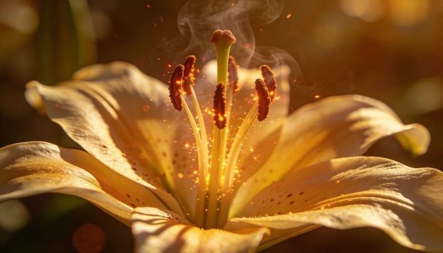 Golden lily blossom glowing with drifting pollen sparks and backlit bokeh macro closeup