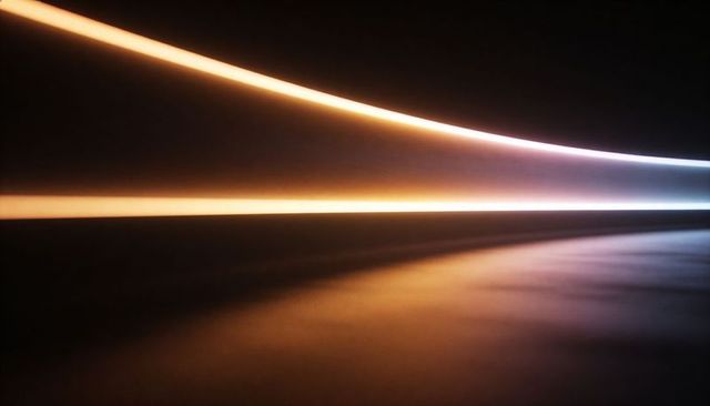 Curved neon light bands arcing across reflective minimalist studio space, gradient glow