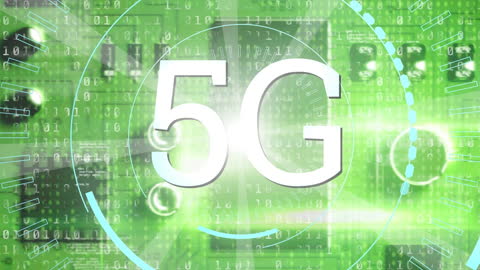 5G Technology with Binary Code Overlay on Green Background