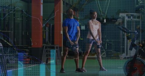 Two Adults Performing Kettlebell Swings on Gym Turf with Data Overlay and Fitness Charts