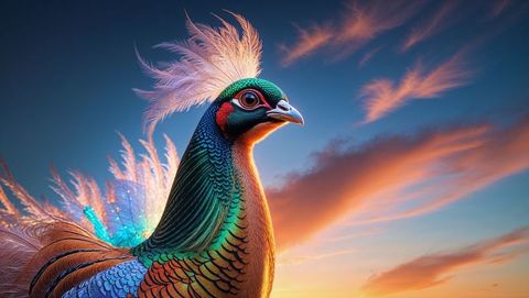 Exotic ornamental bird animal with iridescent plumage at sunset