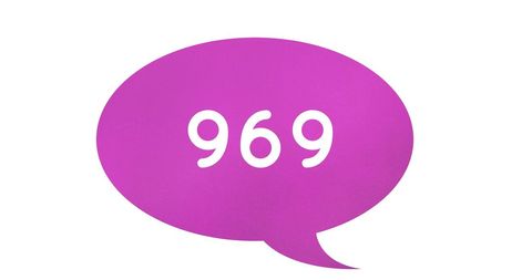 Purple Speech Bubble with the Number 969 on White Background