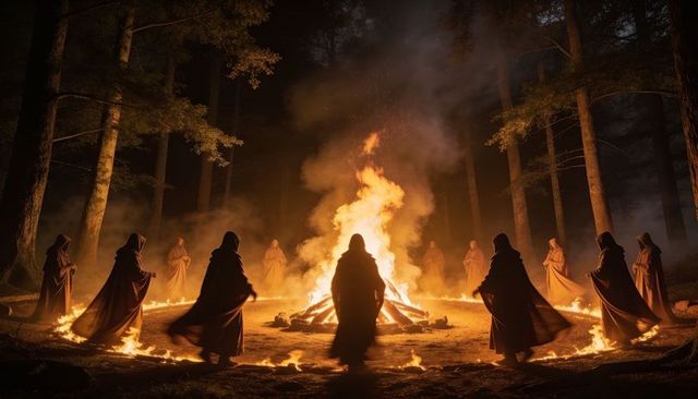 Hooded figures surrounding giant bonfire in dark forest night circle ritual atmosphere