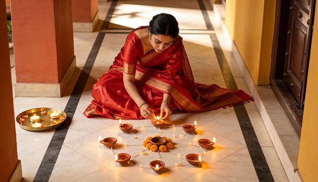 Lighting diyas on marble corridor for diwali celebration wearing red silk sari
