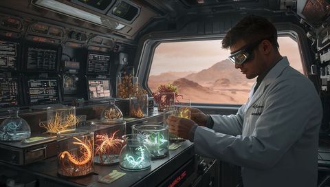 Scientist examining glowing alien specimens inside rover lab with desert vista