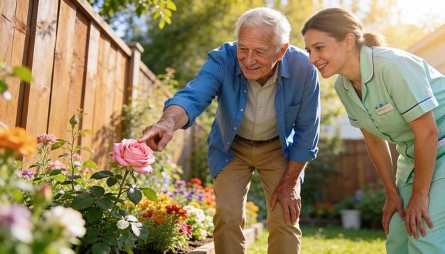 Senior man gardening with caregiver in sunlit backyard