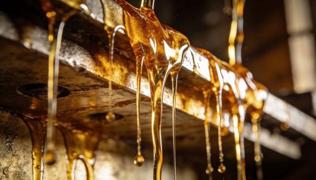 Dripping amber oil cascading over corroded metal plate, rusted bolts and textured patina