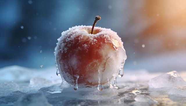 Frosted red apple melting on ice with dripping water droplets and backlit frost detail