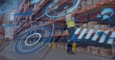 Warehouse worker reaching box on racking with augmented reality hud showing inventory data