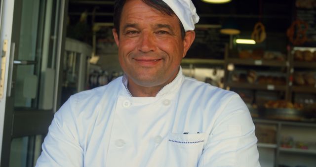 Smiling Baker in Chef Uniform Standing in Bakery - Download Free Stock Images Pikwizard.com