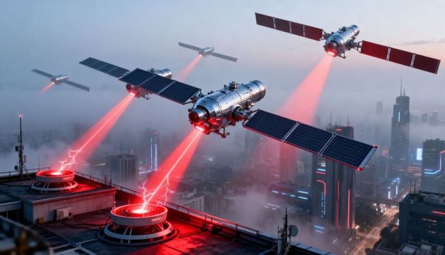 Hovering satellites firing red laser beams at roof emitters over neon cybercity at dusk