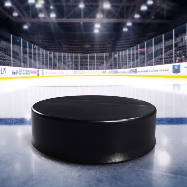 A close-up of a hockey puck on ice in an empty arena. Captures the anticipation before a game in a professional hockey stadium setting.