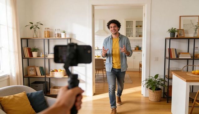 Walking presenter approaching phone on gimbal in cozy modern living room filming lifestyle vlog