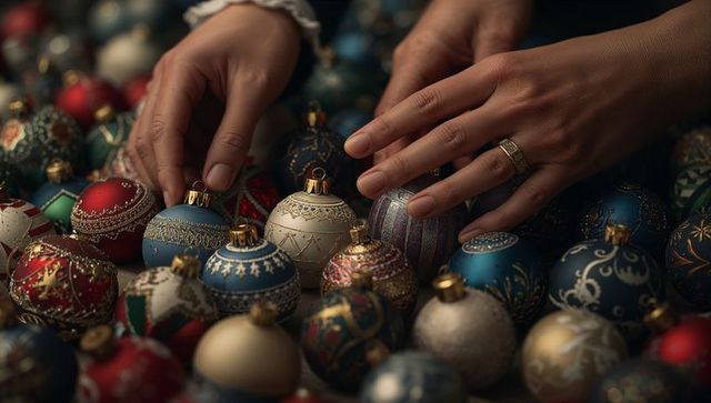 Hands arranging decorative christmas baubles on a tabletop