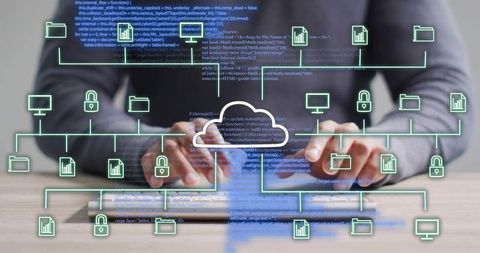 Futuristic cloud network workflow with holographic cybersecurity overlays and tablet typing
