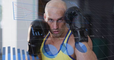 Boxer training with futuristic live data overlay, performance analytics hud, fitness tech