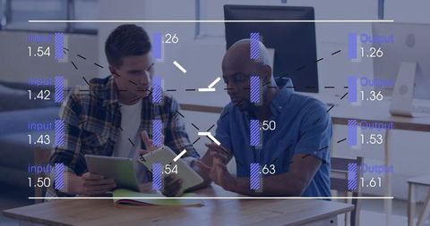 Collaborating coworkers reviewing tablets with interactive data overlay in modern office