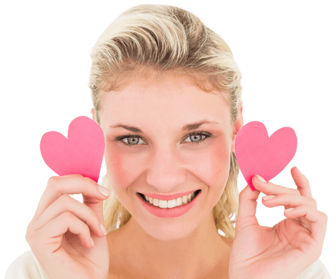Smiling Blonde Woman Holding Pink Hearts Transparent Background