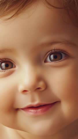 Smiling toddler tilting head and shifting gaze right in warm vertical video closeup