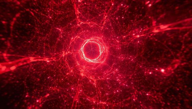 Glowing red energy vortex with braided ring and neural particle network cosmic ai abstract
