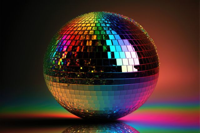Disco ball with light trails over black background created using generative ai technology. Party, celebration and colors concept.