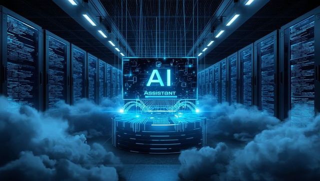 Futuristic Server Room with AI Assistant Hologram and Digital Fog