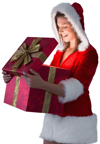 Transparent Background Smiling Woman in Santa Costume with Open Gift Box