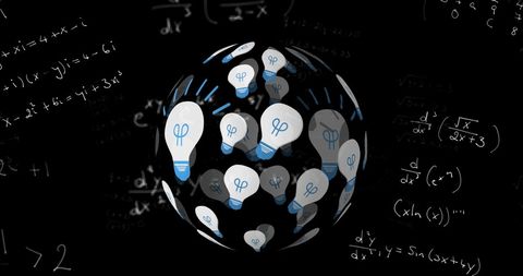 Spinning Globe of Light Bulbs and Formulas on Black Background