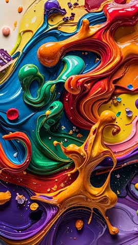 Vertical video showing vibrant paint swirls flowing and blending with glossy texture