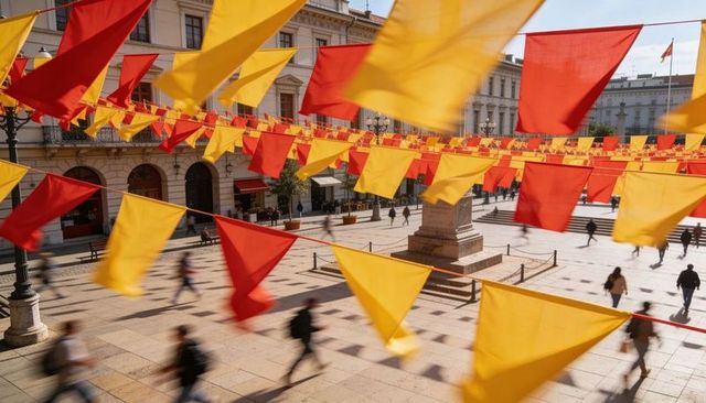Fluttering red and yellow pennants over historic urban plaza casting dramatic shadows festival bunti