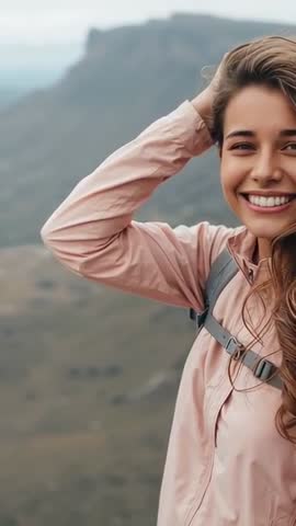 Smiling hiker tucking hair into jacket on windy mountain ridge | Vertical travel video