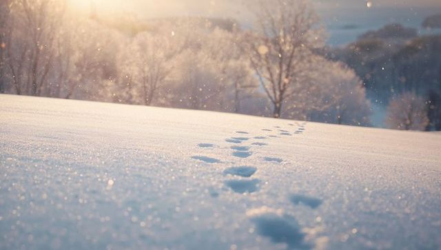 Sunlit footprints crossing powder snow at sunrise with frosted trees and pastel light