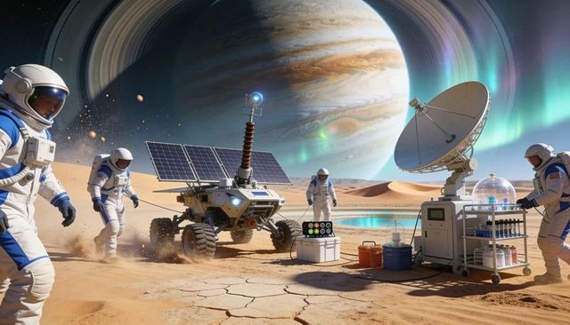Astronauts Operating Solar Rover and Field Lab on Alien Desert under Ringed Gas Giant