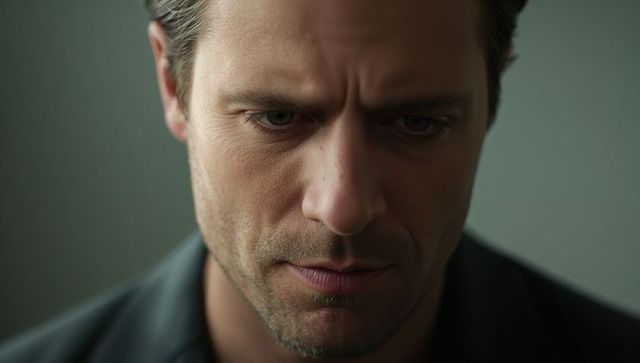 Furrowing brow middle-aged man closeup headshot conveying somber contemplative mood