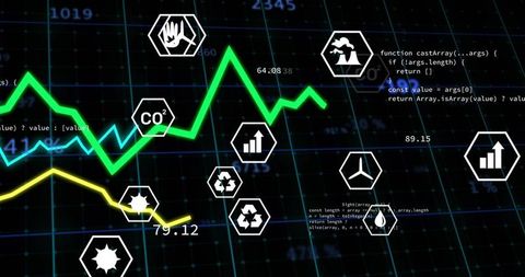 Neon Data Dashboard Visualizing CO2 Emissions, Recycling Icons and Line Graph Analytics