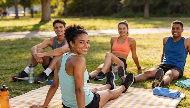 Smiling woman relaxing with friends after outdoor workout on checkered blanket in sunny park