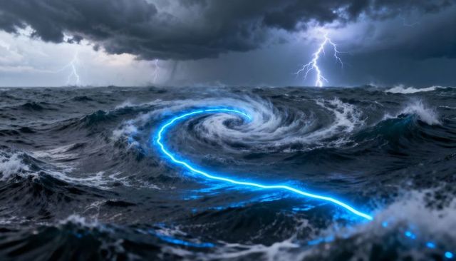 Electric blue maelstrom pulling glowing lightning ribbon into stormy ocean vortex