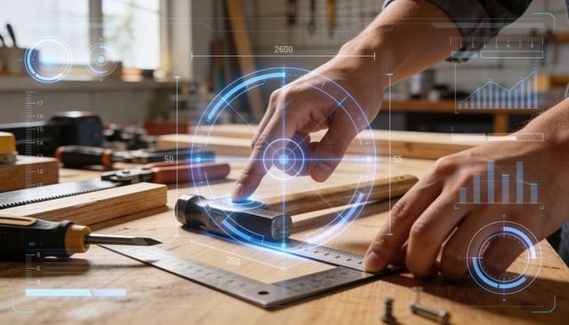 Hands aligning metal square on workbench with hammer and augmented reality hud