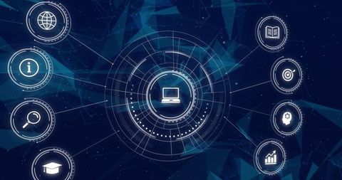 Digital education network with futuristic interface icons