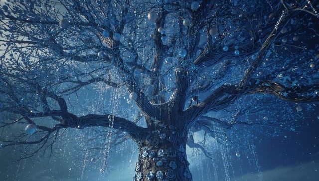 Mystical Fantasy Tree Adorned with Glass Ornaments at Twilight