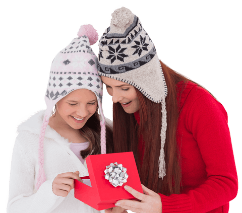 Caucasian Mother and Daughter with Gift Box on Transparent Background