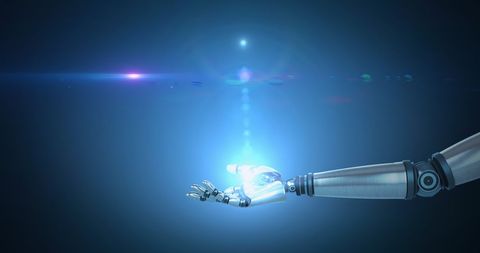 Robotic Hand Holding Bright Blue Light with Lens Flare - Download Free Stock Images Pikwizard.com