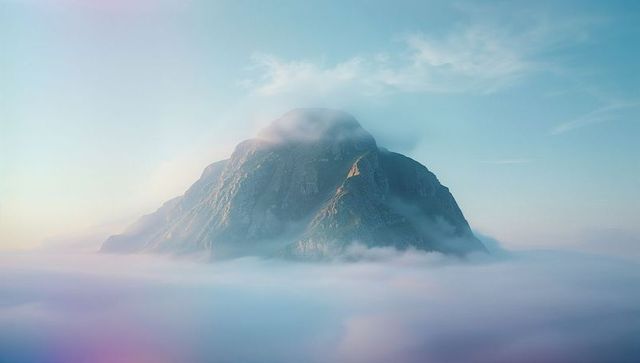 Mysterious Mountain Peak Soaring Above Ethereal Misty Clouds