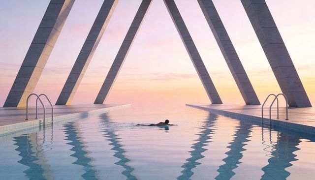 Swimming man in minimalist infinity pool at pastel sunset with triangular concrete arches