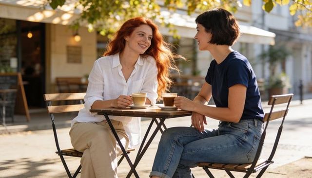 Two women chatting at sidewalk cafe over coffee, casual outdoor conversation in sunlight